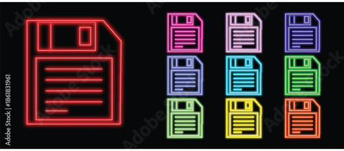 ​Set of colorful neon floppy disk icons on black background