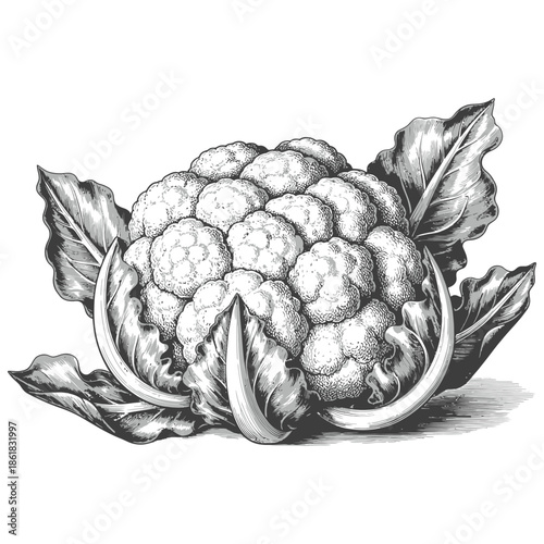 A detailed engraving of a fresh cauliflower with leafy greens