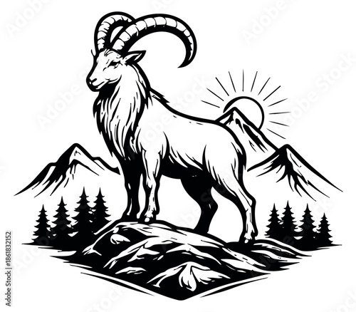 Hand drawn line art illustration of an ibex depicting it standing on a rock in a mountain landscape for nature and outdoor themes
