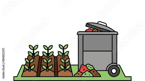 Composting bin with young green plants growing nearby outdoors