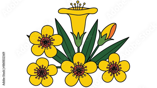 Vibrant yellow flowers with green leaves illustration