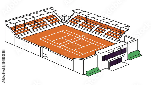 Modern clay tennis court with stadium seating
