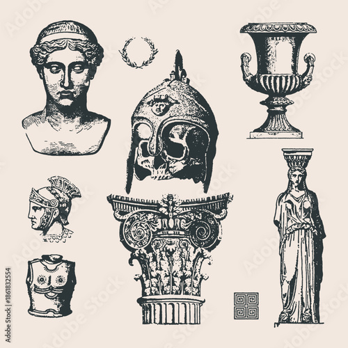 Vintage Ancient Greek and Roman Antiquity Illustration Set Featuring Statue Bust, Corinthian Column, Spartan Helmet with Skull, and Classical Architecture Elements in Engraving Style