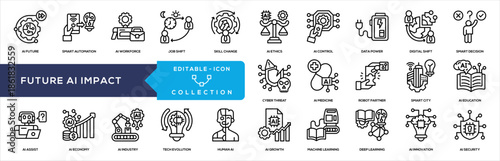 Future AI Impact Line Icon Collection. Containing smart automation, ai workforce, job shift, skill change, ai ethics, ai control, data power, digital shift, smart decision