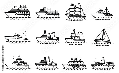Hand drawn line art ships and boats set featuring cruise, cargo, and sailing vessels for maritime transportation