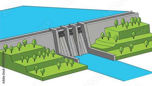 Modern dam structure with green landscape and flowing water