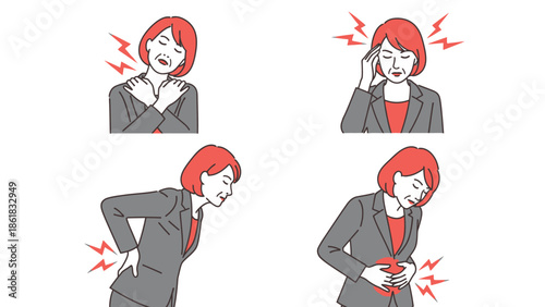 An illustration of a woman experiencing various types of pain in different parts of her body