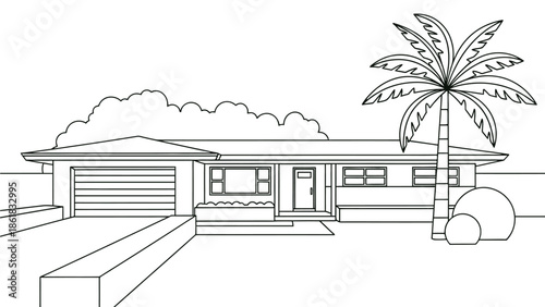 A cartoon illustration of a single-story house with a red roof and palm tree
