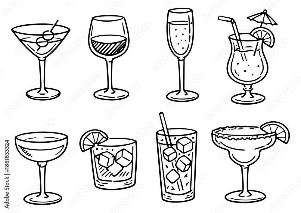 Fototapeta premium Hand drawn line art alcoholic drinks set featuring various cocktails and beverage glasses for bar menu and celebration designs