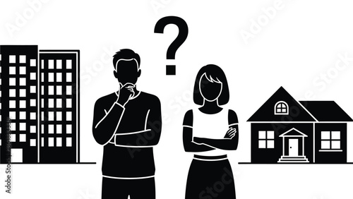 A couple deciding between a city apartment and a suburban house