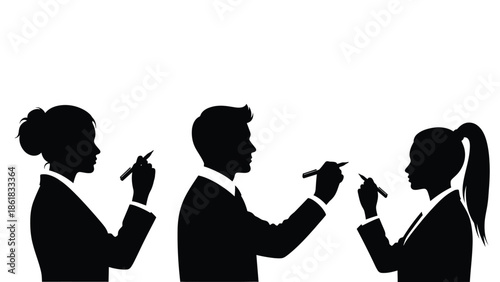 Three business professionals in silhouette discussing and writing with pens