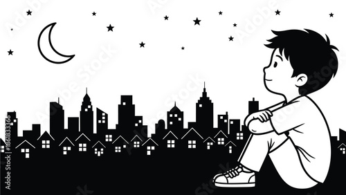 A young boy sitting on a rooftop looking up at the night sky with stars