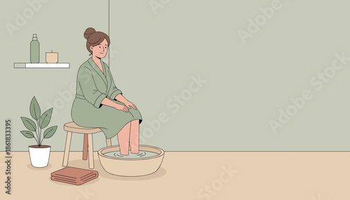 Woman relaxing with feet in basin while sitting on stool indoors  