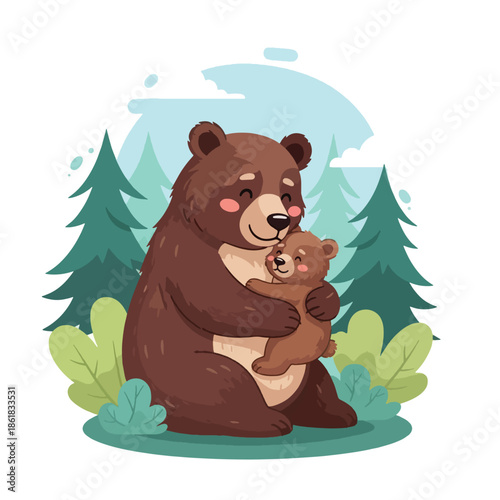 Mother bear hugging little cub.