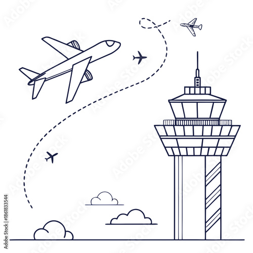 Airplane approaching control tower