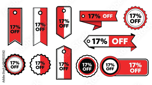 A collection of red and white discount tags with 17% off