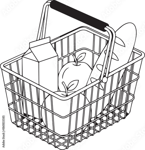 A minimalist black-and-white vector illustration of a wire shopping basket filled with groceries, including a milk carton, apples, and a baguette, ideal for retail or food-related designs.