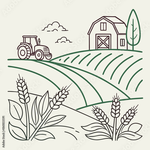 Rural farming scene with tractor and barn