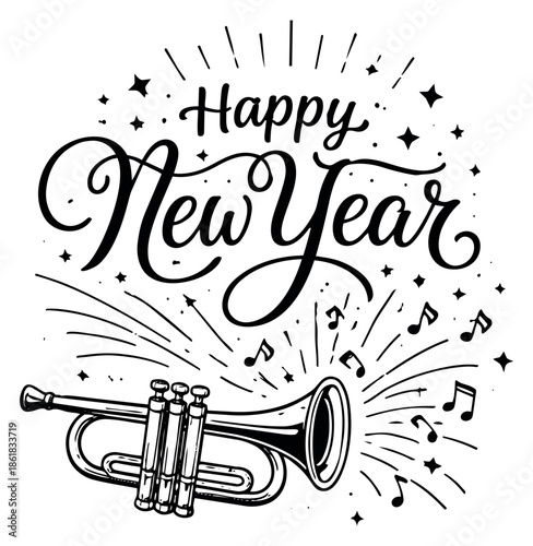 Hand drawn line art illustration of Happy New Year text and a trumpet depicting a festive celebration for the holiday season
