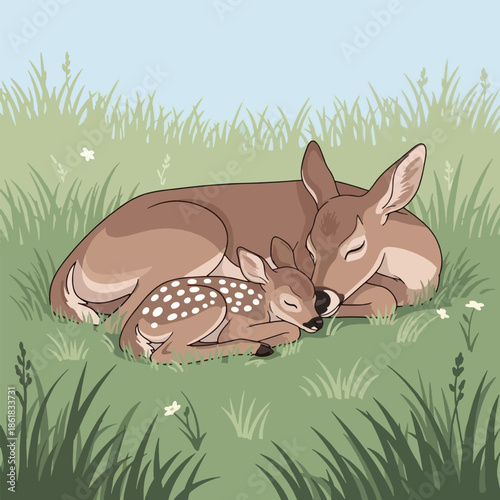 Mother deer and baby fawn resting.
