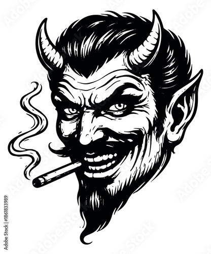 Retro line art illustration of a menacing devil depicting smoking for a vintage aesthetic