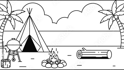 Beach camping scene with tent and palm trees by ocean