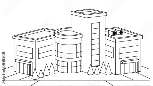 Modern office building with pink roof and green lawn