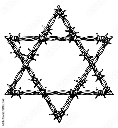 Hand drawn line art illustration of a Star of David depicting its form made from barbed wire for themes of struggle and remembrance