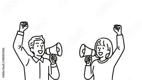 A cartoon illustration of a man and woman holding megaphones and shouting excitedly