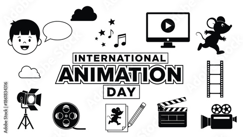 A graphic illustration celebrating International Animation Day with various film and animation icons
