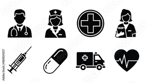 A collection of black and white medical icons on a clean white background