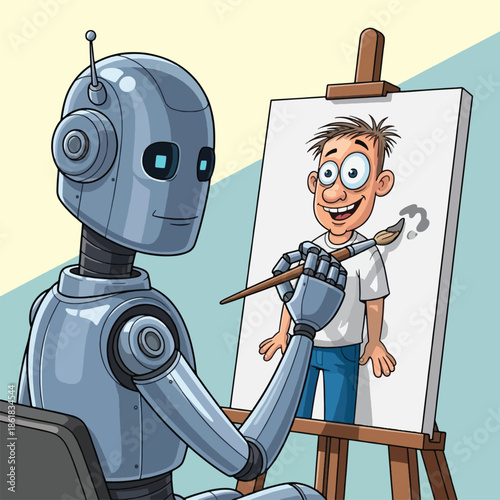Robot painting cartoon man portrait.