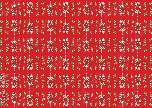 Seamless pattern of red white roses with green leaves on a red background, arranged in rows.