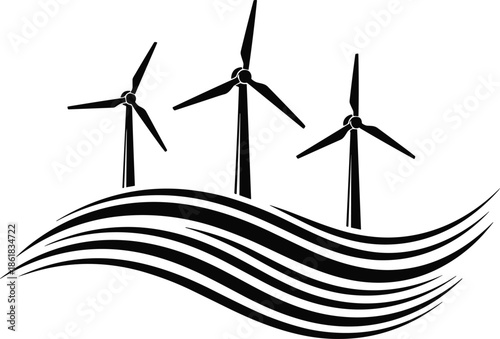 Wind turbines over abstract waves, renewable energy and sustainable power generation concept, eco friendly electricity symbol, black and white vector illustration design