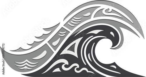 Intricate monochrome tribal wave vector featuring traditional Maori or Polynesian-style patterns. A dynamic, stylized ocean wave representing power, nature, and cultural art.