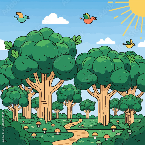 Trees with green leaves and trunks.