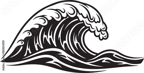 A dynamic black and white vector illustration of a powerful curling ocean wave, featuring thick expressive lines and a classic woodcut aesthetic perfect for maritime or surf-themed designs.