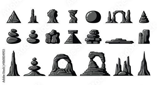 A collection of various rock formations and stone sculptures on a white background