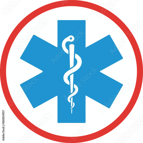 Blue Star of Life symbol with a white Rod of Asclepius, enclosed in a red circular border. Represents emergency medical services, ambulances, and professional healthcare.