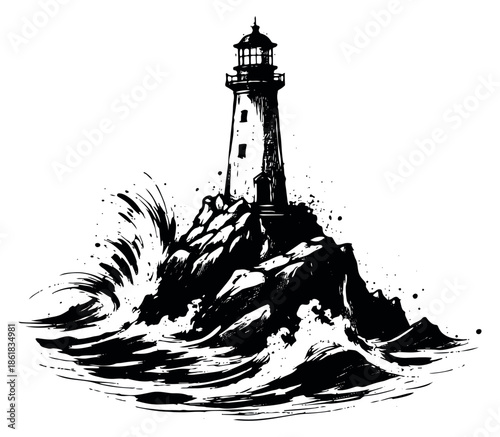 Hand drawn line art illustration of a lighthouse depicting a stormy sea for navigation concepts