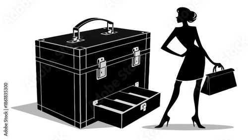 Confident businesswoman standing next to large suitcase