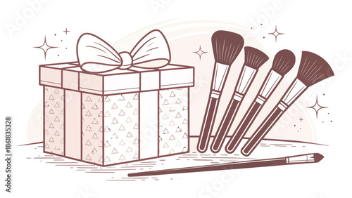 Gift box with makeup brushes, beauty and cosmetics concept