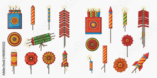 Set of colorful firecrackers and fireworks for festive celebrations and holidays.
