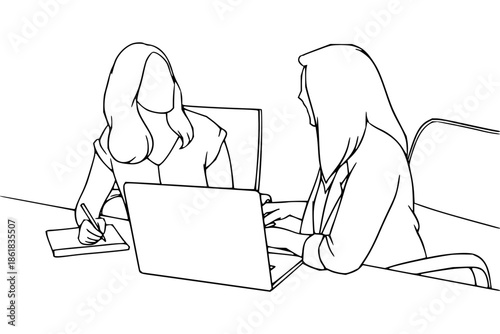 Young professional woman with thoughtful expression working on laptop