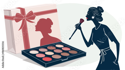 Woman applying makeup with elegant eyeshadow palette and gift box