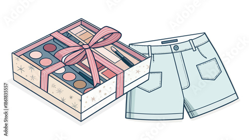 Gift box with cosmetics and shorts for summer fashion and beauty