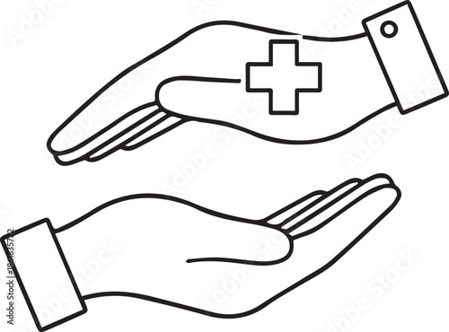 Outline vector of two hands protecting a medical cross. Symbolizes healthcare insurance, patient care, safety, and humanitarian aid.