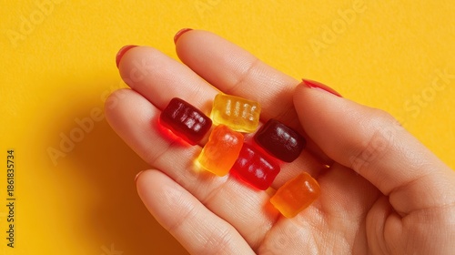 Person Taking Gummy Vitamins Close Up of Hand Health Supplement Lifestyle Photography