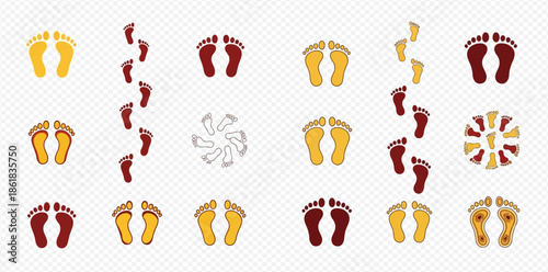 Collection of human footprints and bare foot steps in various colors and patterns.