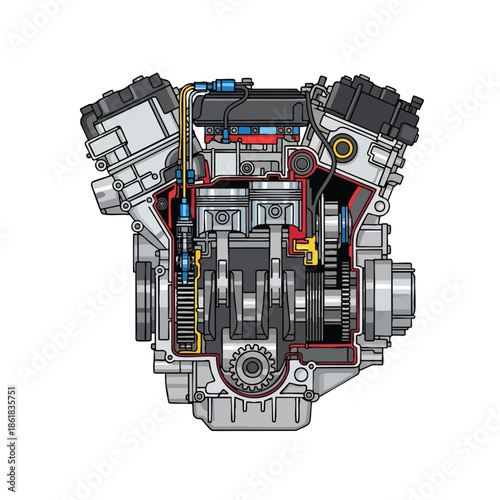 Cutaway illustration of an engine, revealing internal mechanical components